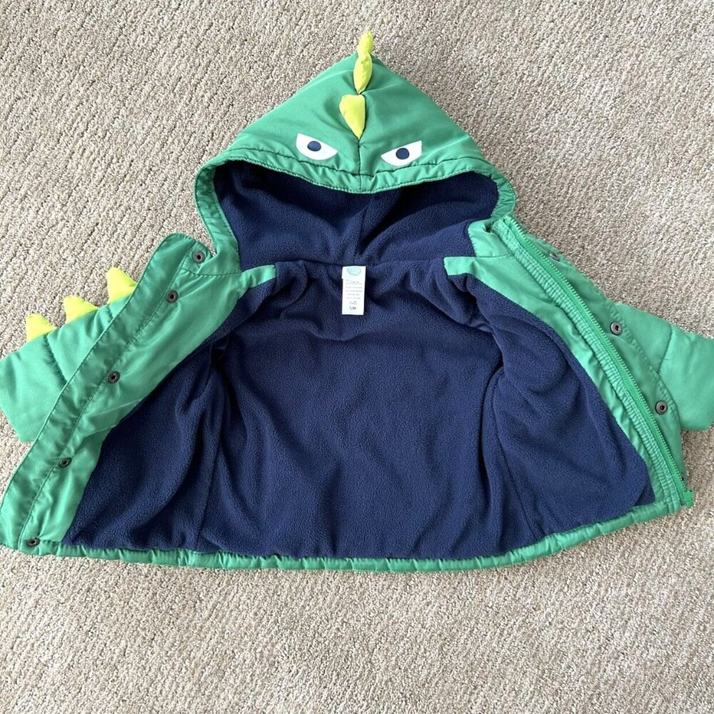 Little Me Green Dinosaur Quilted Puffer Coat W/Hood Size 12 Months - Picture 4 of 7